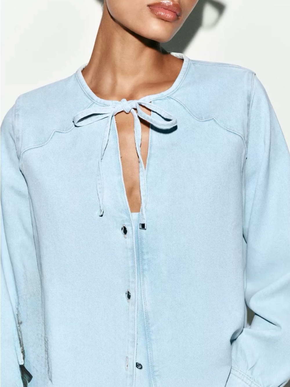Zara Light Blue Soft Denim Tie-Neck Button Down Shirt Large NWT - Picture 10 of 13